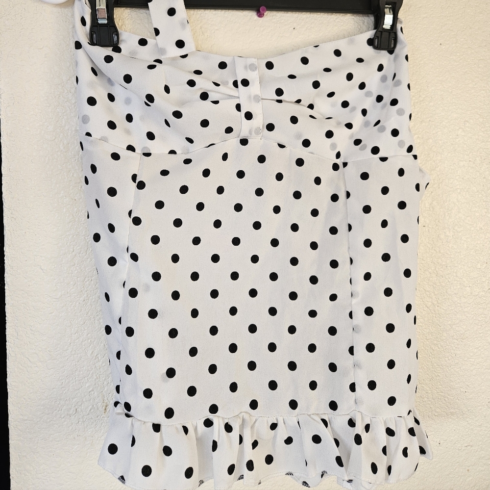 White Polka Dot Ruffle Hem Halter Top